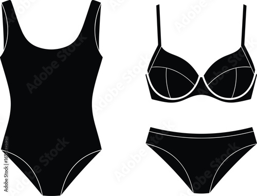 Black silhouettes of one-piece and two-piece swimsuits, vector fashion icons showing structural differences in women’s swimwear design