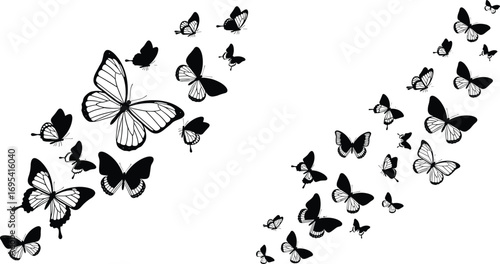 Butterfly silhouettes flying diagonally in two groups, black vector art with motion, contrast, and nature-inspired decorative wing patterns