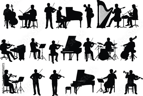 Silhouettes of Musicians Playing Instruments – Orchestra, Jazz, and Classical Performers with Piano, Violin, Cello, Drums, Harp Vector