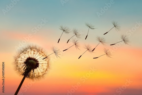 Wallpaper Mural Dandelion seed head at sunset.  Silhouette of seeds floating on vibrant sunset sky Torontodigital.ca