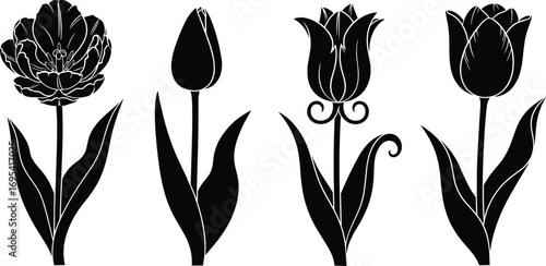 Stylized tulip flower silhouettes in black vector art, minimalist and ornate floral designs for elegant nature-inspired decorative content