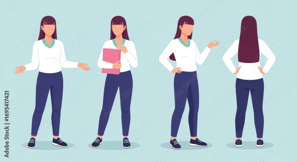 Fototapeta premium A woman is shown from multiple angles, front, side, and back, holding a book and gesturing