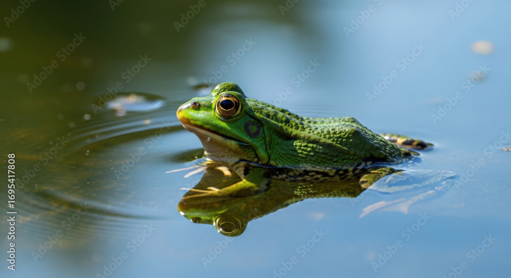 Fototapeta premium Green Frog Swimming in Calm Water with Reflection.