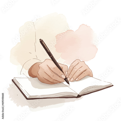 Hands meticulously writing in a journal, sketching ideas, or taking notes with a pen with intention
