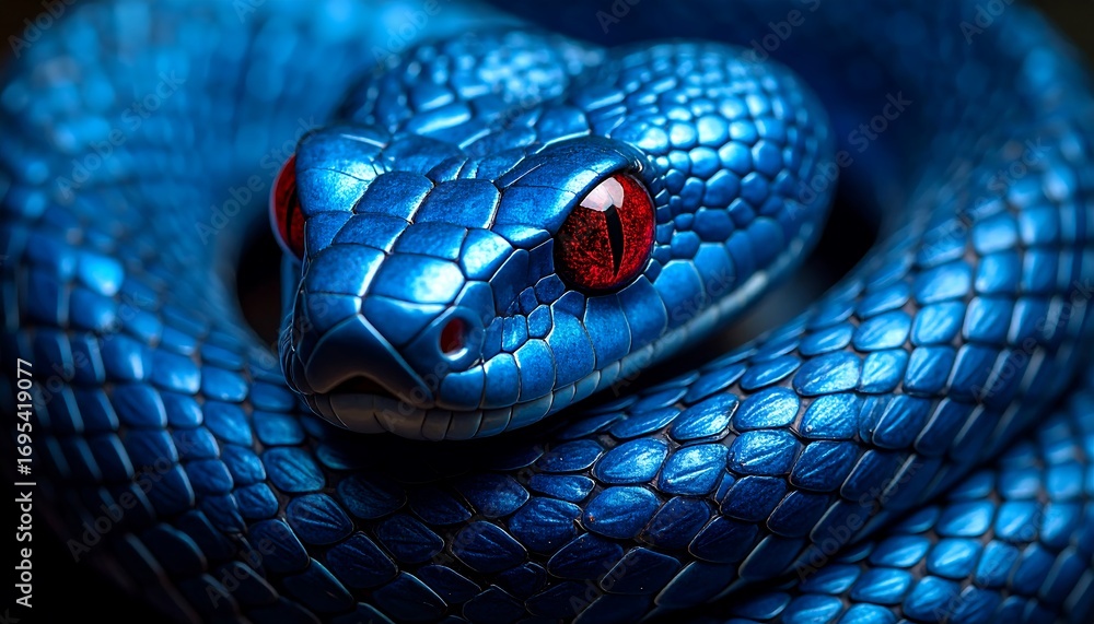 Fototapeta premium Striking Blue Viper Intense Focus with Coiled and Ready, Vivid Colors, and Closeup.