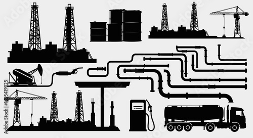 Silhouette illustration of an industrial complex, showing interconnected oil and gas production, processing, and transportation.