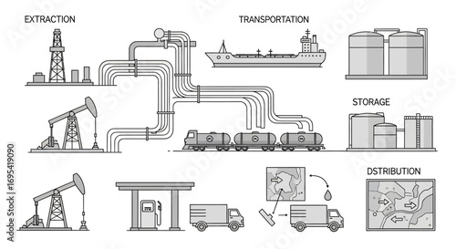 Silhouette illustration of an industrial complex, showing interconnected oil and gas production, processing, and transportation.