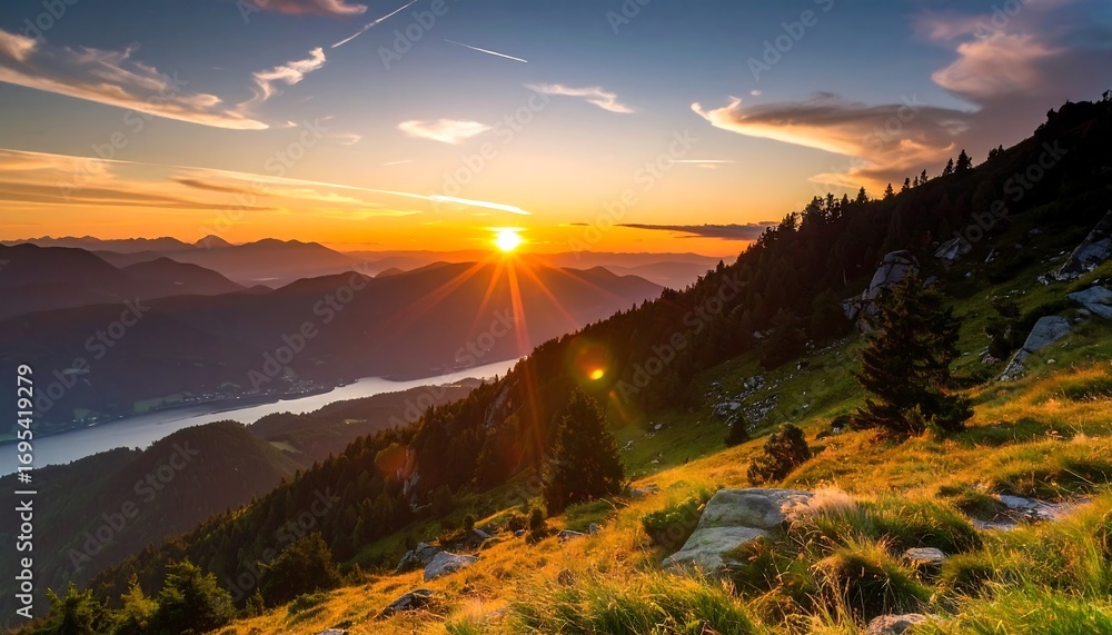 Fototapeta premium Mountain sunset vista over a valley