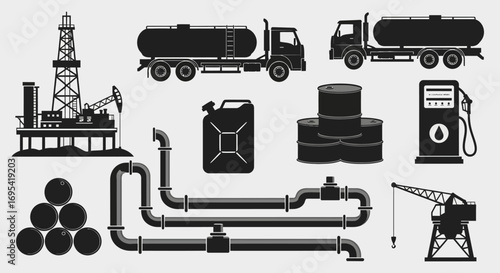 Silhouette illustration of an industrial complex, showing interconnected oil and gas production, processing, and transportation.