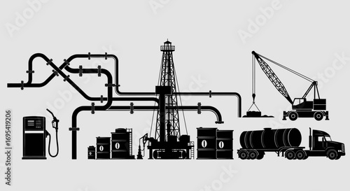 Silhouette illustration of an industrial complex, showing interconnected oil and gas production, processing, and transportation.