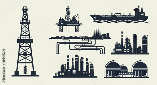 Silhouette illustration of an industrial complex, showing interconnected oil and gas production, processing, and transportation.