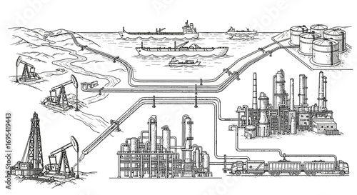 Silhouette illustration of an industrial complex, showing interconnected oil and gas production, processing, and transportation.