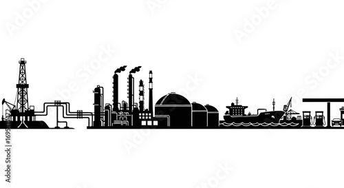 Silhouette illustration of an industrial complex, showing interconnected oil and gas production, processing, and transportation.