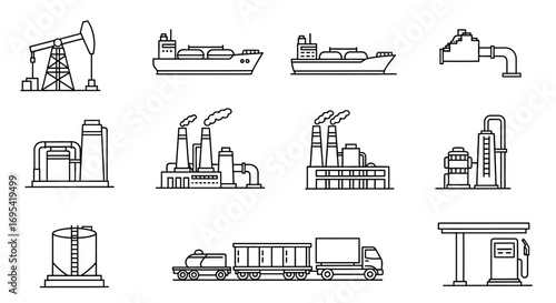 Silhouette illustration of an industrial complex, showing interconnected oil and gas production, processing, and transportation.