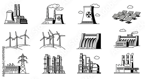 Silhouette illustration of an industrial complex, showing interconnected oil and gas production, processing, and transportation.