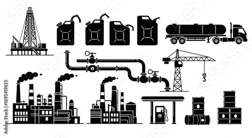 Silhouette illustration of an industrial complex, showing interconnected oil and gas production, processing, and transportation.
