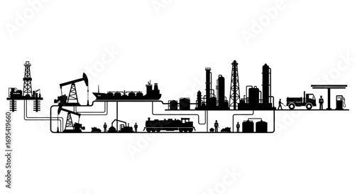 Silhouette illustration of an industrial complex, showing interconnected oil and gas production, processing, and transportation.