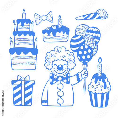 Blue hand drawn birthday party elements