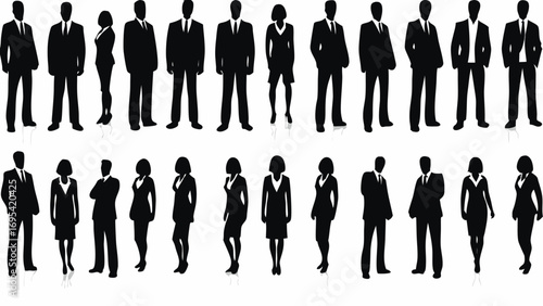 Diverse business professionals standing confidently in silhouette, ready for corporate success and teamwork.