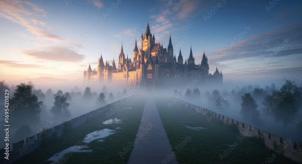Fototapeta premium Majestic Fantasy Castle Emerging from Morning Mist.