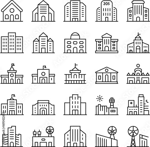 Minimal Building Icon Set – Black & White Line Vector of Urban, Religious, and Civic Structures