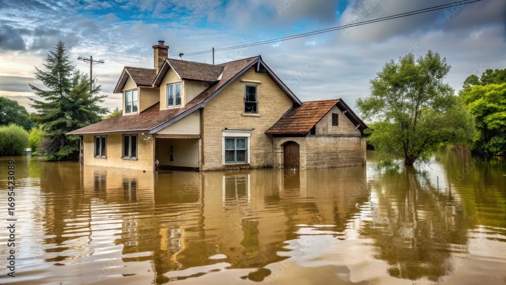 Fototapeta premium A Residential Structure Submerged in Floodwaters, Reflecting a Cloudy Sky and Lush Foliage