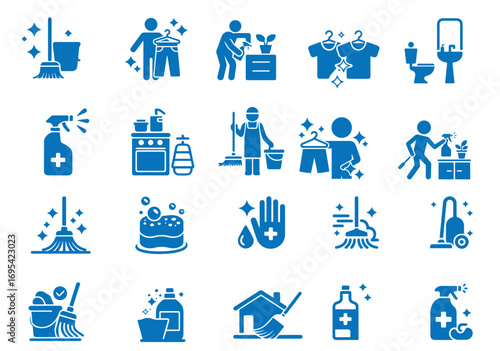 Blue icons showcase various cleaning activities, tools, and products over a white background