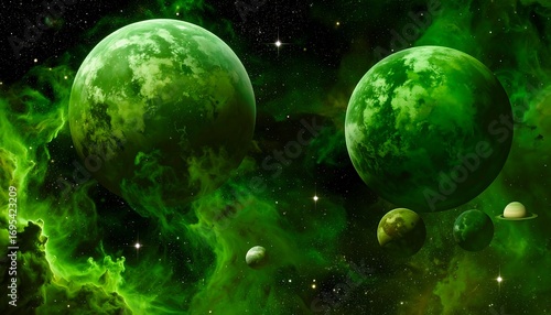 Green space landscape with vibrant nebula clouds and exoplanets cluster