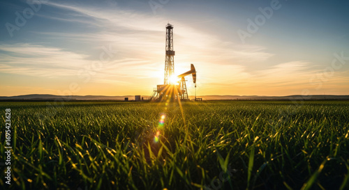 Oil Rig Silhouette at Sunset in a Green Field.