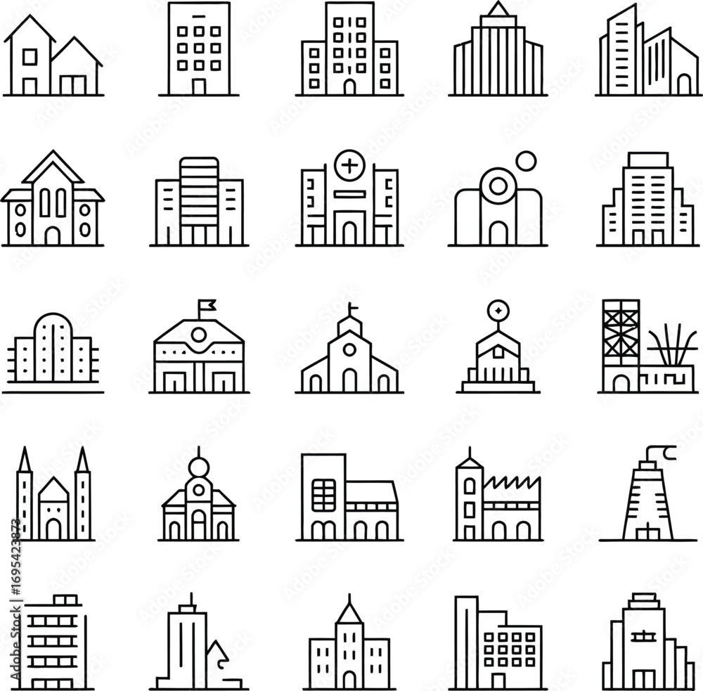 Fototapeta premium Urban Building Icon Set – Black & White Line Vector of Houses, Offices, Schools, and Landmarks
