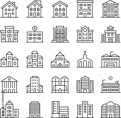 Building Icon Pack – Black & White Line Vector of Residential, Civic, and Religious Structures