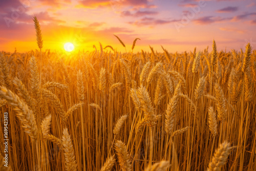  AI-generated image of a golden wheat field illuminated by the warm glow of the setting sun.
