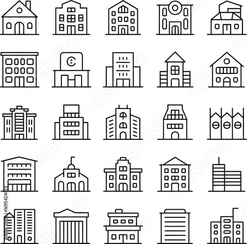 Architecture Icon Set – Black & White Line Vector of Urban, Civic, and Religious Buildings