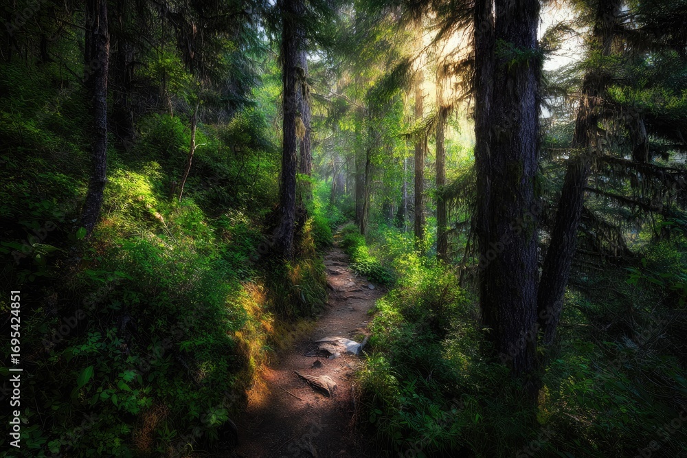 Fototapeta premium Sunlight streams through a lush forest path