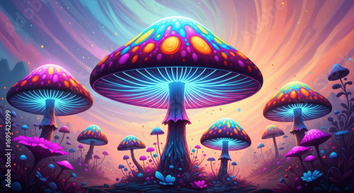 Psychedelic Mushroom Forest with Vibrant Neon Glow.