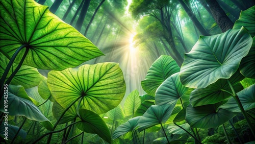 Sunbeams Illuminate Lush Canopy of Giant Tropical Foliage in a Mysterious Forest
