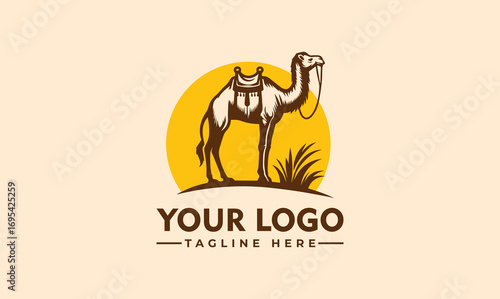 Vintage logo design featuring a camel in a desert landscape, with a sun and saddle.