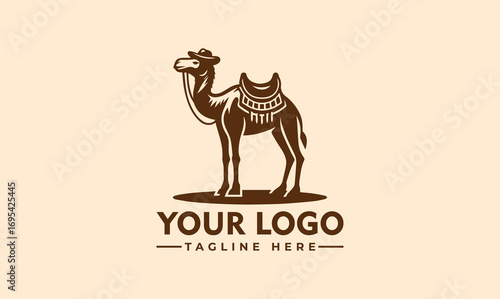 A stylized camel stands proudly, adorned with a saddle and a hat, presented as a logo.