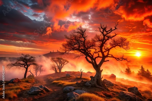 Fiery Sunset Over Misty Mountaintop with Silhouetted Trees and Rocks