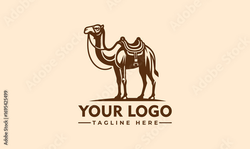 A brown camel with a saddle, standing on a beige background with space for a logo and tagline.