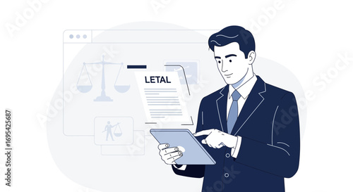 A Professional Lawyer Examining Digital Legal Documents and Law Concepts on a Tablet Screen