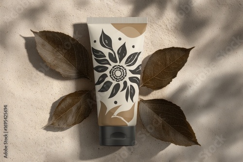 Cream tube with dark patterned design, surrounded by dried leaves