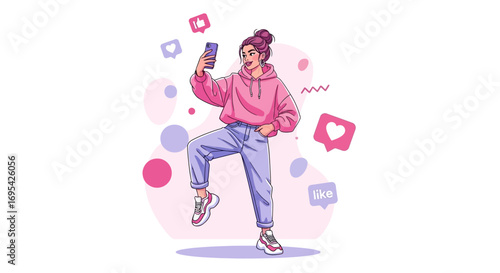 Animated Young Woman Engaging In Online Social Media Activities With Her Phone