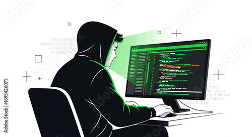 Anonymous Hooded Person Working On Computer Displaying Binary Code and Programming