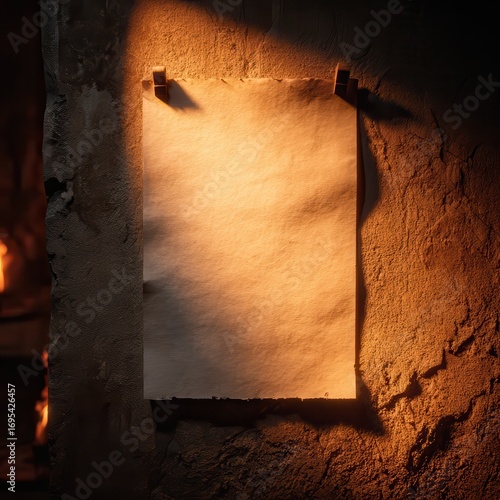 Rustic Wall Paper Mockup with Firelight – PSD Poster Template with Smart Object
