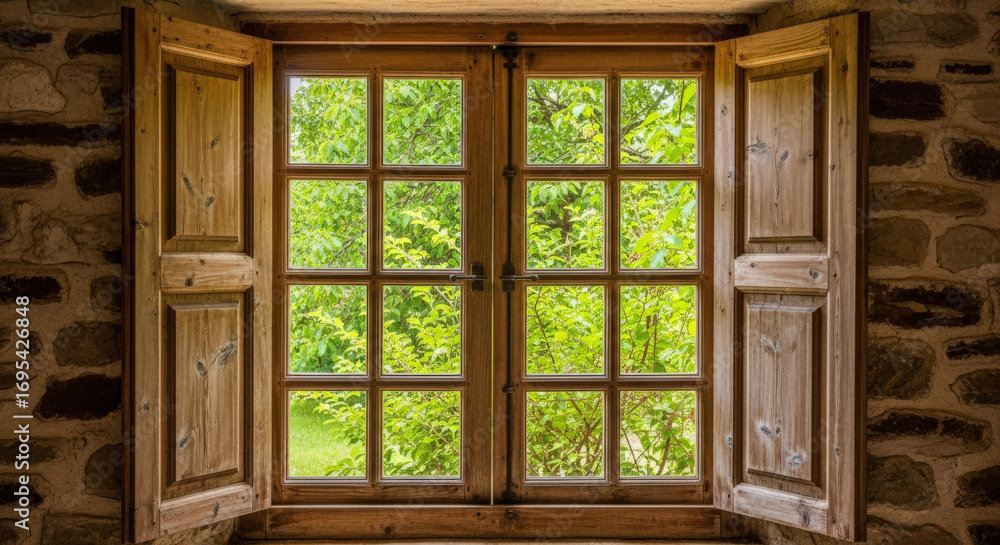 Fototapeta premium Rustic Wooden Window with Lush Greenery View.