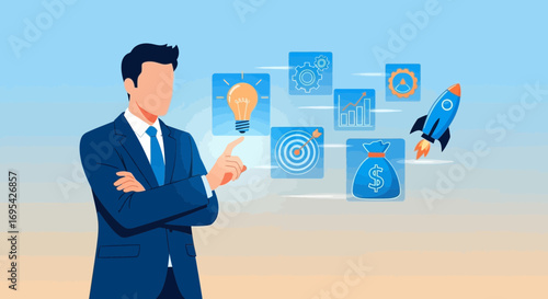 Business Professional Conceptualize Startup, Vision, and Prosperity With Icons and Rocket Ship