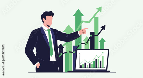 Business Professional Displaying Financial Growth Illustrated With Bar Charts and Arrows Pointing