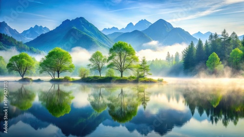 Serene Lakeside Vista Misty Morning, Majestic Mountains, and Lush Green Trees Reflecting in Tranquil Waters