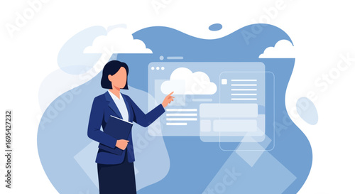 Business Woman Presenting Data Cloud Technology on Digital Application Interface